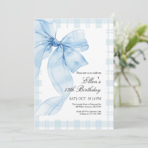 Invitación de cumpleaños de Blue Plaid Bow