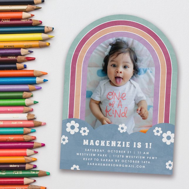 Invitación de cumpleaños de Blue Plum Floral Rainb (Subido por el creador)