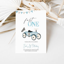 Invitación de cumpleaños de Blue Retro Race Car