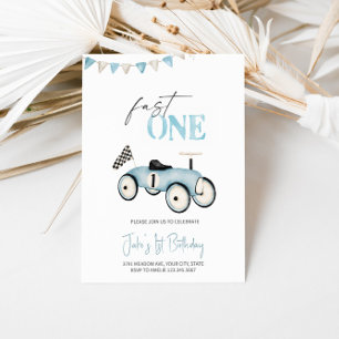 Invitación de cumpleaños de Blue Retro Race Car