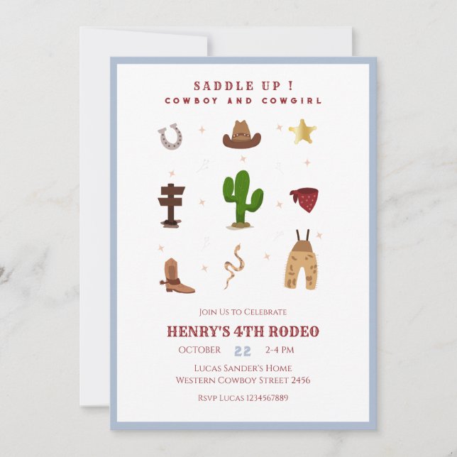 Invitación de cumpleaños de Blue Rodeo CowBoy para (Anverso)