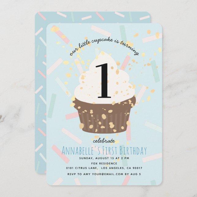 Invitación de cumpleaños de Blue Sprinkles Cupcake (Anverso / Reverso)