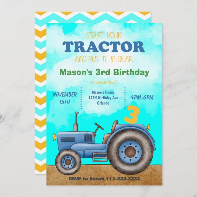 Invitación de cumpleaños de Blue Tractor (Anverso / Reverso)