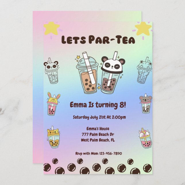 Invitación de cumpleaños de Boba por el té de burb (Anverso / Reverso)