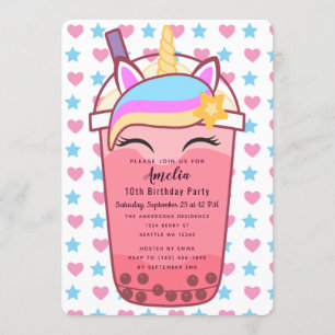 Invitación de cumpleaños de Boba Tea con unicornio
