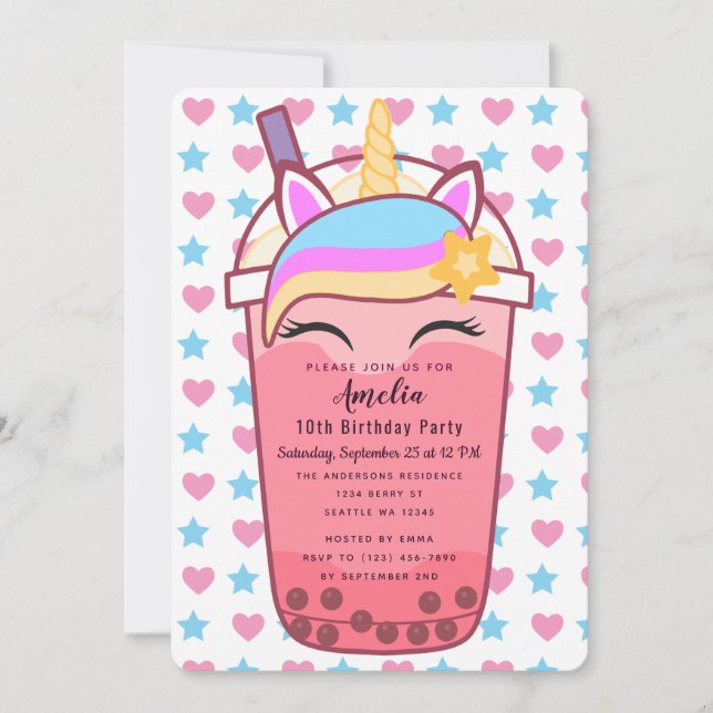 Invitación de cumpleaños de Boba Tea de Unicornio (Anverso)