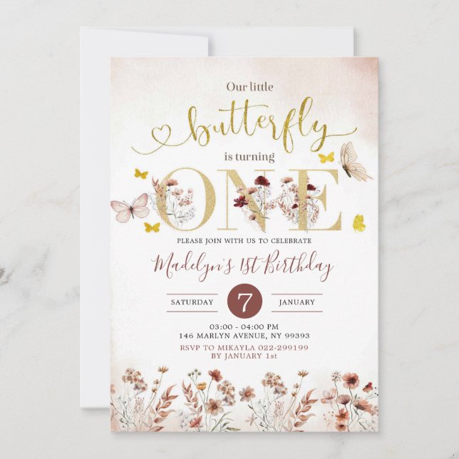 Invitación de cumpleaños de Boho Butterfly Wildflo (Anverso)