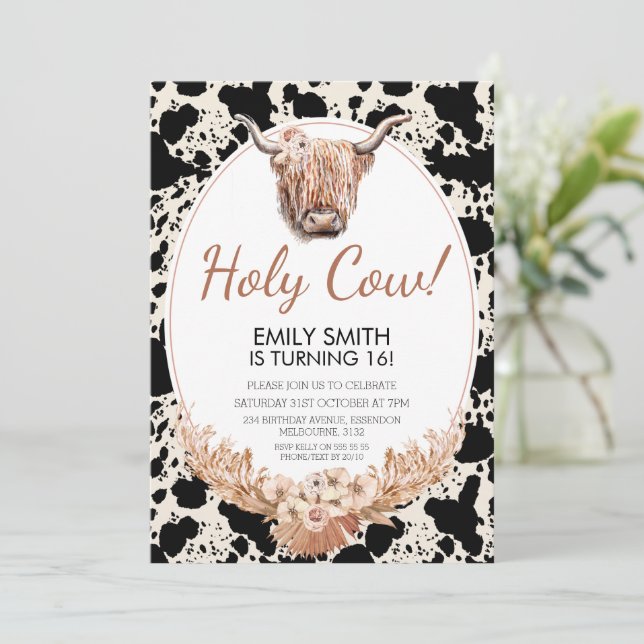 Invitación de cumpleaños de Boho Floral Highland C (Anverso de pie)