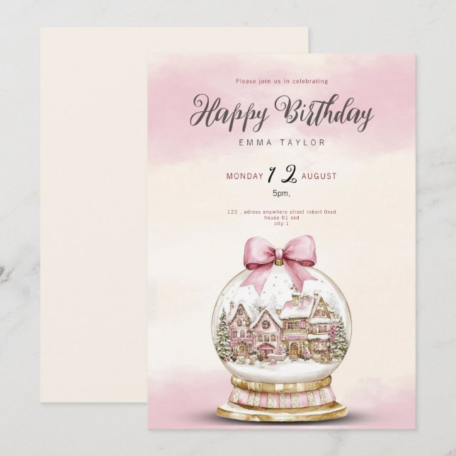 invitación de cumpleaños de bola de nieve rosa (Anverso / Reverso)