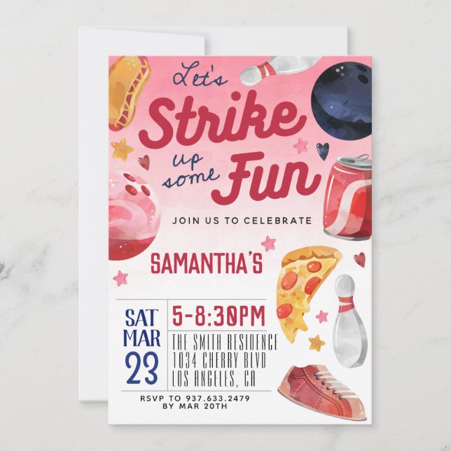 Invitación de cumpleaños de boliche (Anverso)