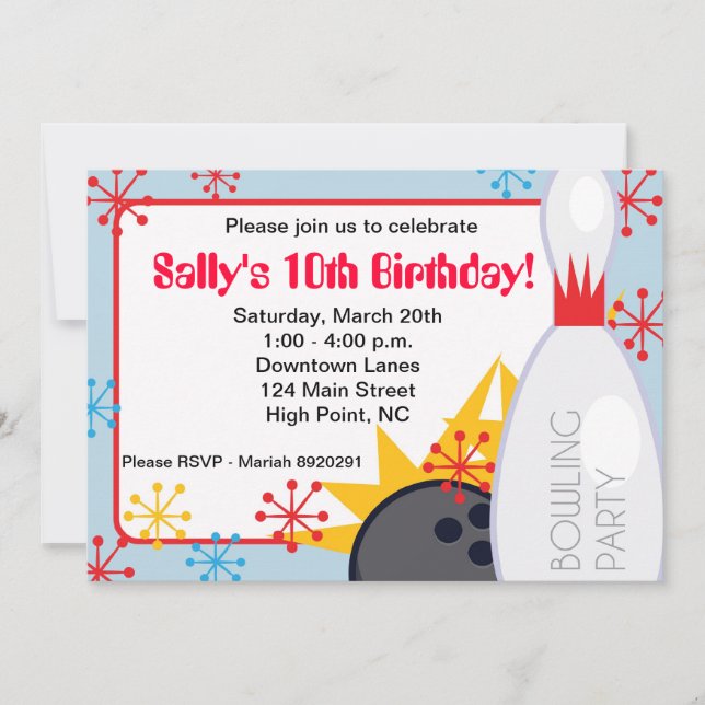 Invitación de cumpleaños de boliche (Anverso)