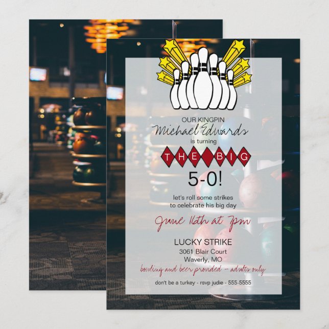 Invitación de cumpleaños de bolos (Anverso / Reverso)
