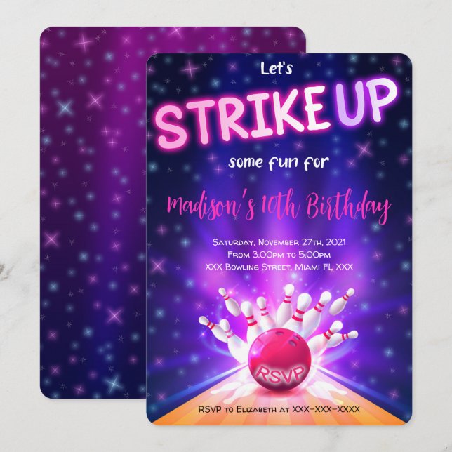 Invitación de cumpleaños de bolos (Anverso / Reverso)