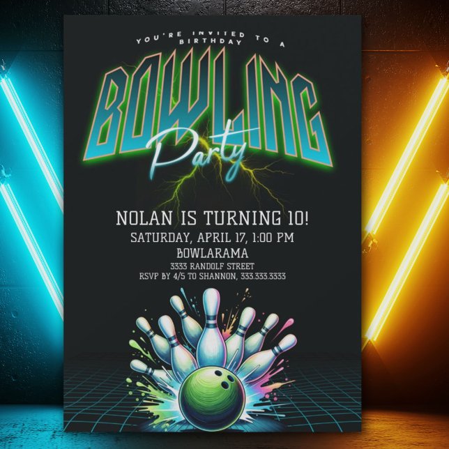 Invitación de cumpleaños de bolos neon para niños (Subido por el creador)