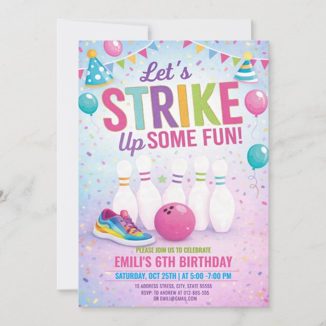 Invitación de cumpleaños de bolos para niña person (Anverso)