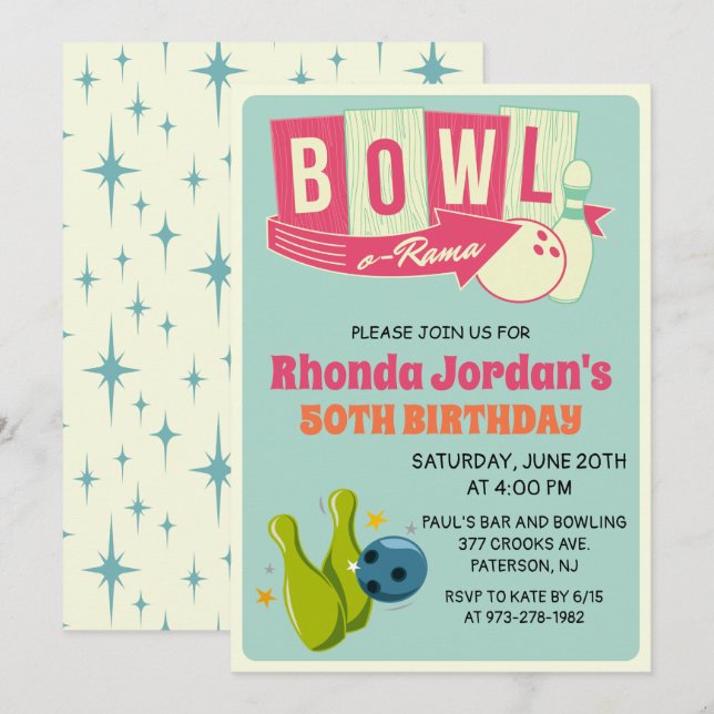 Invitación de cumpleaños de bolos retro para cualq (Anverso / Reverso)
