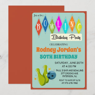 Invitación de cumpleaños de bolos retro para cualq