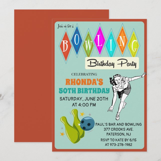 Invitación de cumpleaños de bolos retro para cualq (Anverso / Reverso)