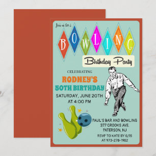 Invitación de cumpleaños de bolos retro para cualq
