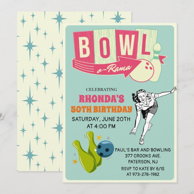 Invitación de cumpleaños de bolos retro para cualq (Anverso / Reverso)