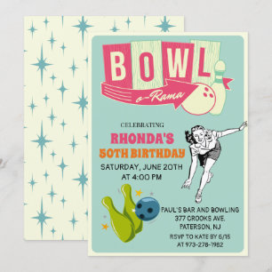 Invitación de cumpleaños de bolos retro para cualq