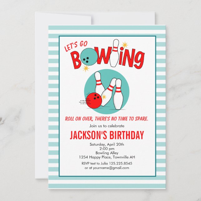 Invitación de cumpleaños de bolos rodantes azul ve (Anverso)