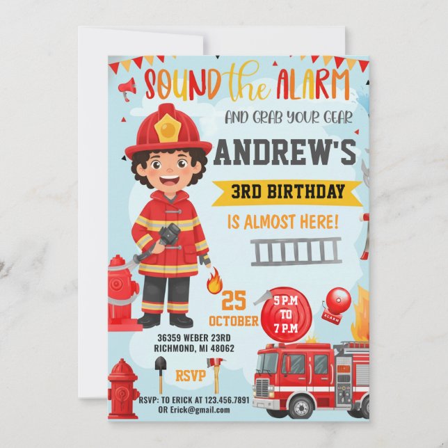 Invitación de cumpleaños de bombero con foto (Anverso)