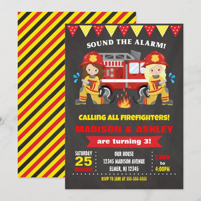 Invitación de cumpleaños de bombero gemelas niñas  (Anverso / Reverso)