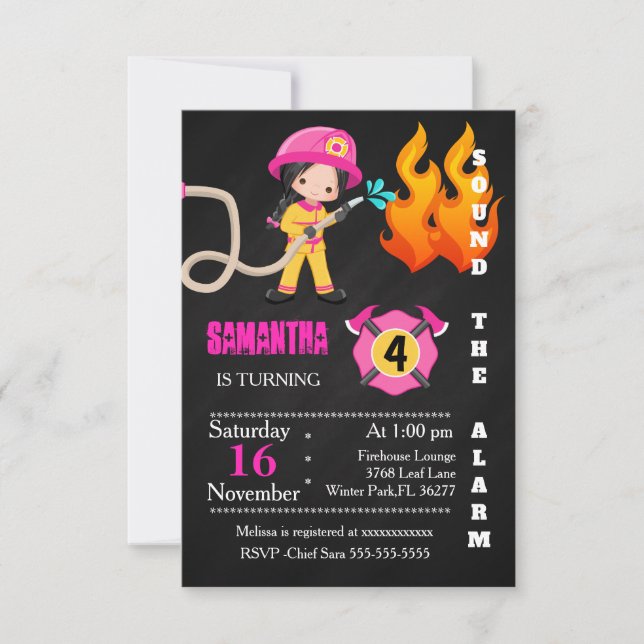 Invitación de cumpleaños de bombero rosado lindo (Anverso)