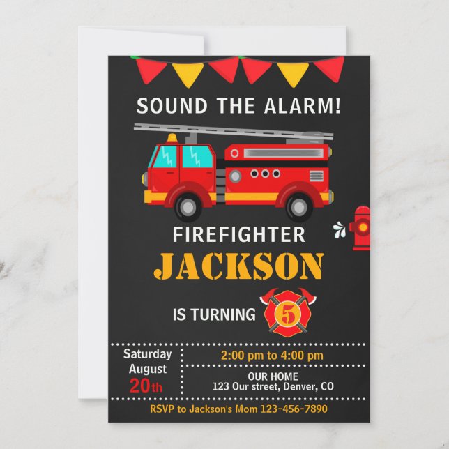 Invitación de cumpleaños de bomberos neutra por mo (Anverso)