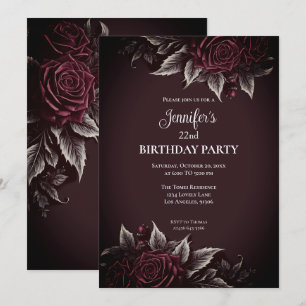 Invitación de cumpleaños de borgoña floral gótica 