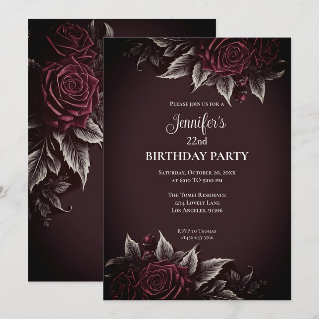 Invitación de cumpleaños de borgoña floral gótica  (Anverso / Reverso)