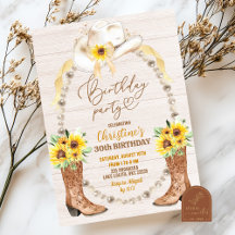 Invitación de cumpleaños de botas de girasol perla