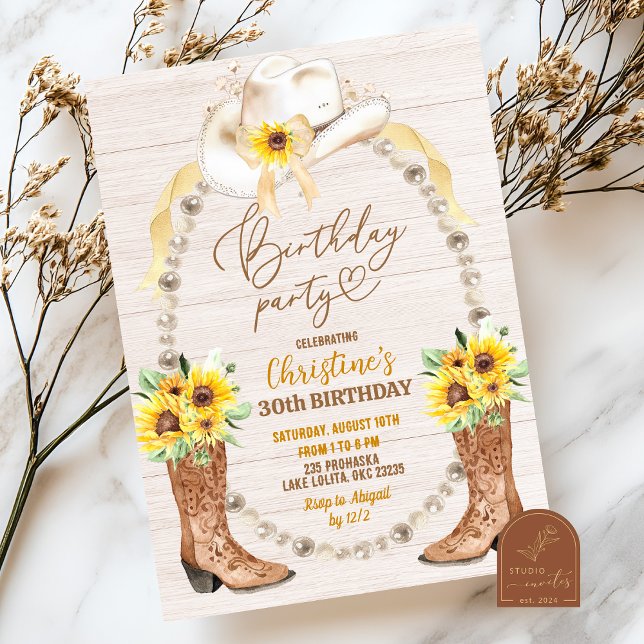 Invitación de cumpleaños de botas de girasol perla (Subido por el creador)