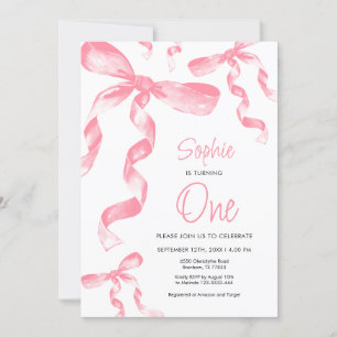 Invitación de cumpleaños de Bow Rosado