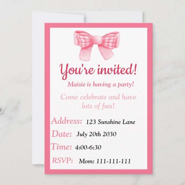 Invitación de cumpleaños de Bow Rosado (Anverso)