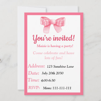 Invitación de cumpleaños de Bow Rosado