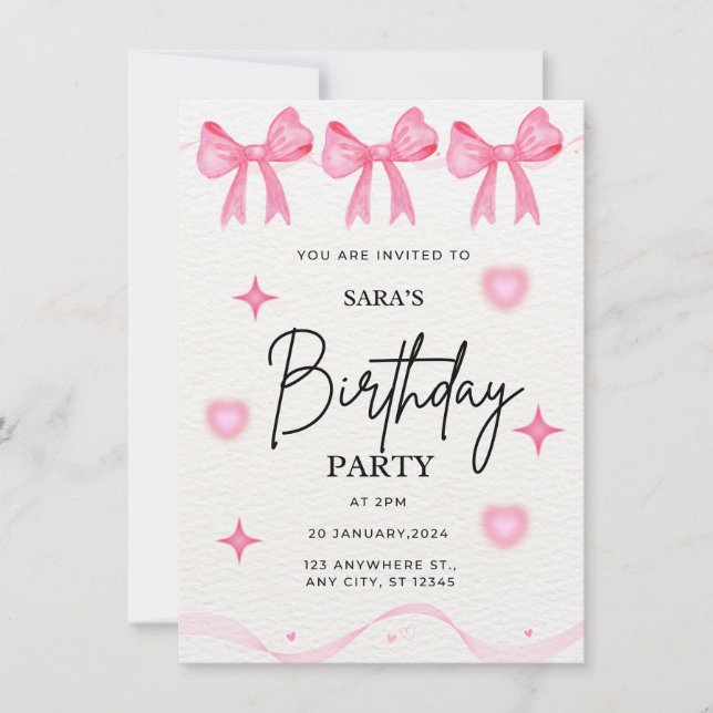 Invitación de cumpleaños de Bow Rosado (Anverso)