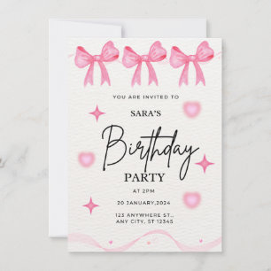 Invitación de cumpleaños de Bow Rosado