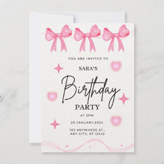 Invitación de cumpleaños de Bow Rosado
