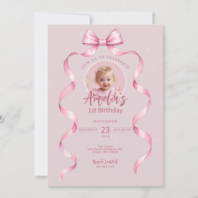Invitación de cumpleaños de Bow Rosado con foto (Anverso)