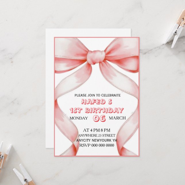 Invitación de cumpleaños de Bow Rosado, cumpleaños (Anverso/Reverso In Situ)