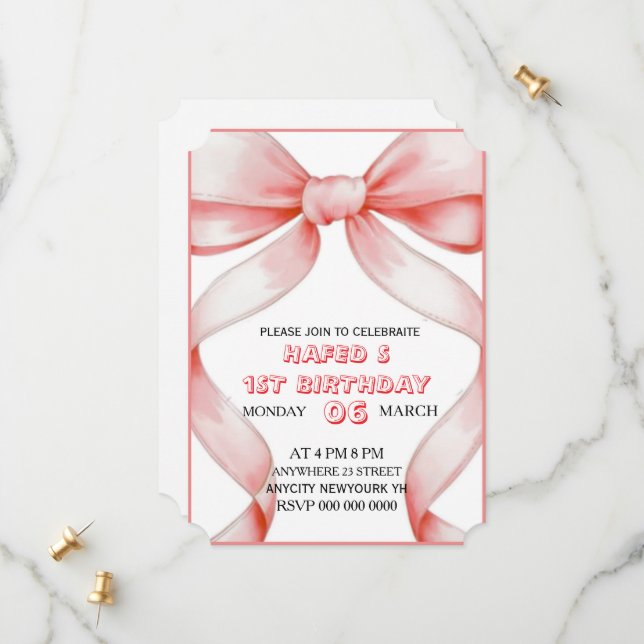 Invitación de cumpleaños de Bow Rosado, cumpleaños (Anverso/Reverso In Situ)