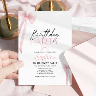 Invitación de cumpleaños de Bow rosado lindo