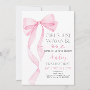 Invitación de cumpleaños de Bow rosado suave Pinta