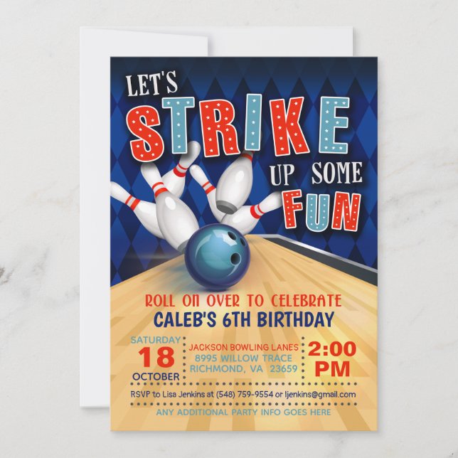 Invitación de cumpleaños de Bowling (Anverso)