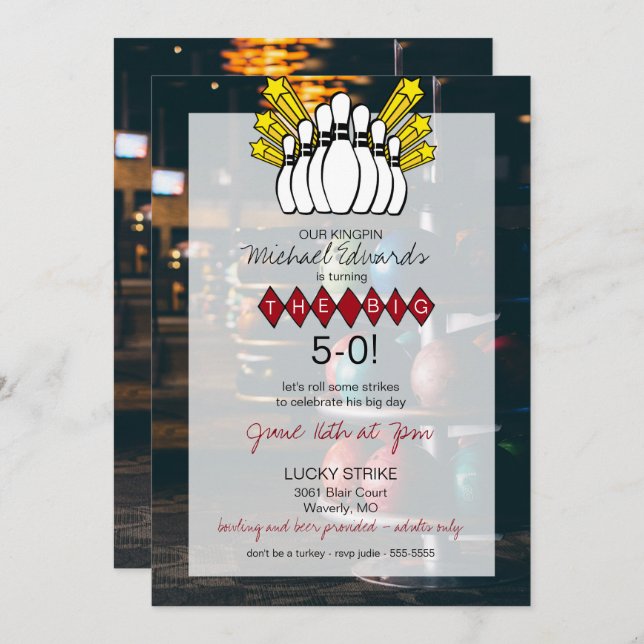 Invitación de cumpleaños de Bowling (Anverso / Reverso)