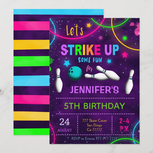 Invitación de cumpleaños de Bowling (Anverso / Reverso)