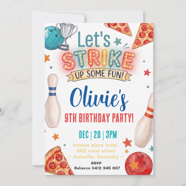 Invitación de cumpleaños de Bowling Pizza (Anverso)