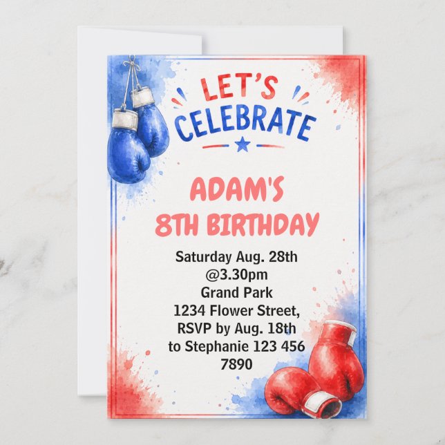 Invitación de cumpleaños de boxeo acuarela (Anverso)
